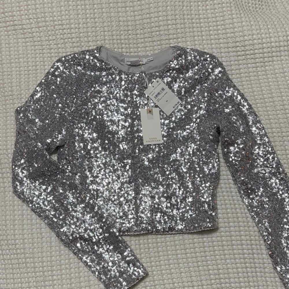 Good American Sparkling Silver Sequin Long Sleeve Top